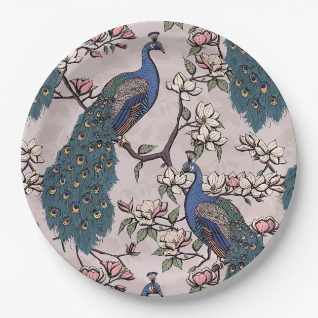 Elegant Peacocks & Magnolia Flowers Blush Pink Paper Plate (Front)