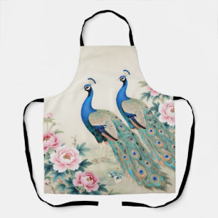 Elegant Peacocks Pink Peonies Asian Apron
