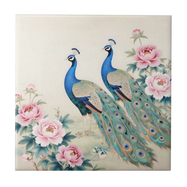 Elegant Peacocks Pink Peonies Asian  Ceramic Tile (Front)