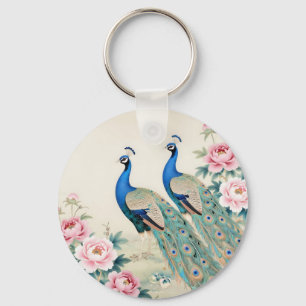 Elegant Peacocks Pink Peonies Asian  Key Ring