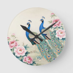 Elegant Peacocks Pink Peonies Asian Round Clock