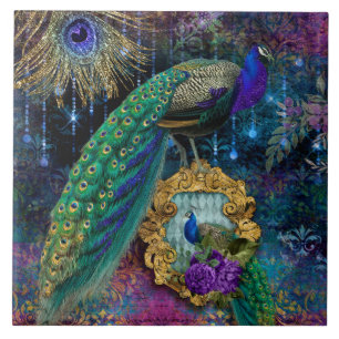 Elegant Peacocks w Feathers Gold Glitter Vintage C Ceramic Tile