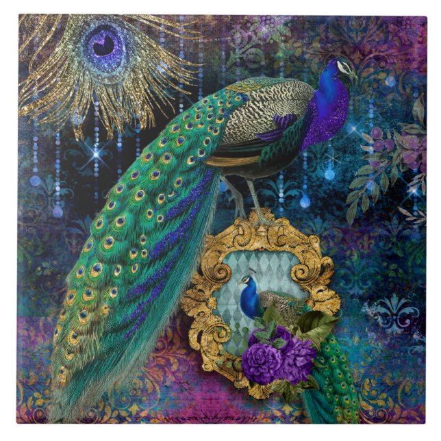 Elegant Peacocks w Feathers Gold Glitter Vintage C Ceramic Tile (Front)