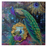 Elegant Peacocks w Feathers Gold Glitter Vintage Ceramic Tile<br><div class="desc">Reverse direction to use for backsplash etc. "Elegant Peacocks w Feathers Gold Glitter Vintage ceramic tile." These tiles are vibrant and beautiful! Elegant antique damask pattern in peacock colours with a pair of vintage peacocks, a gold ornate frame in glitter and glittery feathers for an Art Nouveau elegance. Graphically designed...</div>