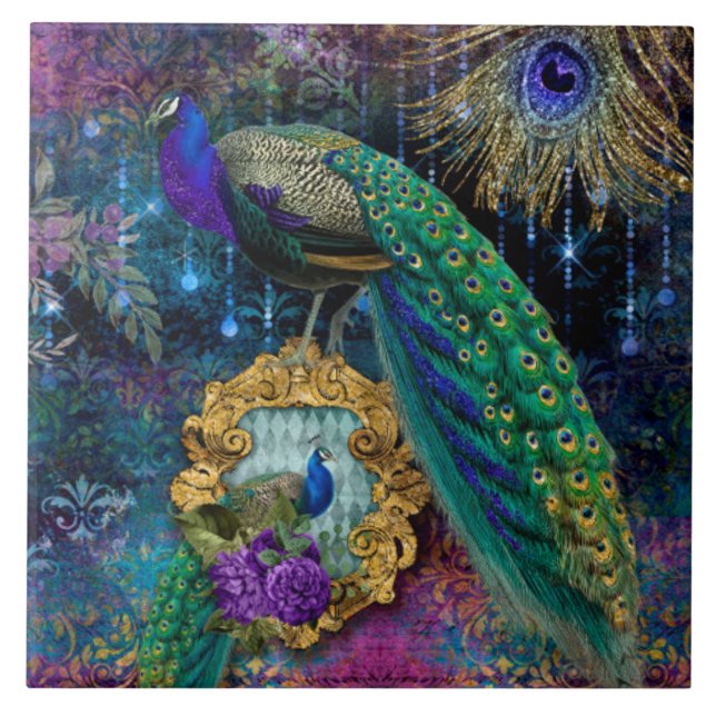 Elegant Peacocks w Feathers Gold Glitter Vintage Ceramic Tile (Front)