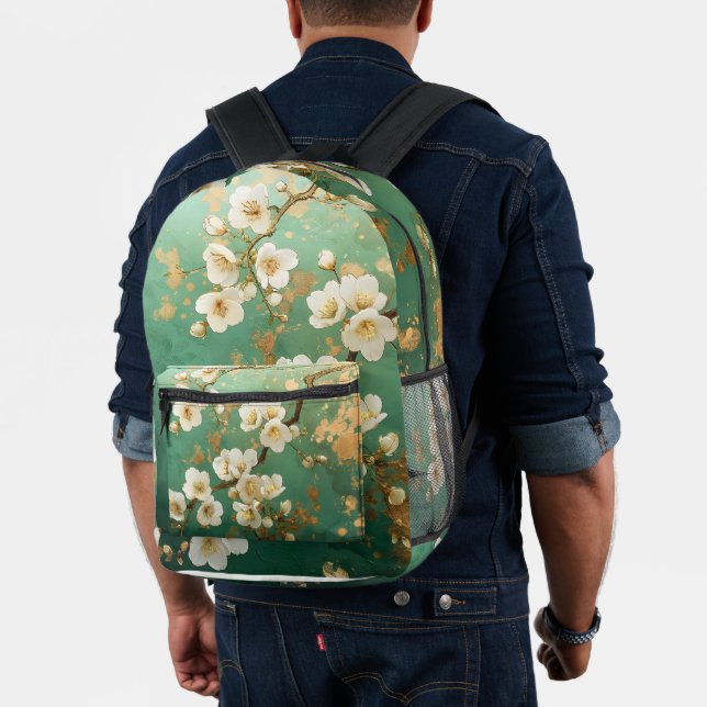 Elegant Pear Blossom Backpack, Green & Gold art Printed Backpack (Insitu (Model))