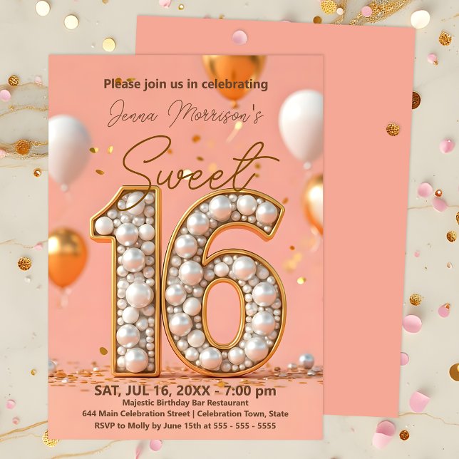 Elegant Pearl-Adorned with Golden Accents Sweet 16 Invitation (Creator Uploaded)