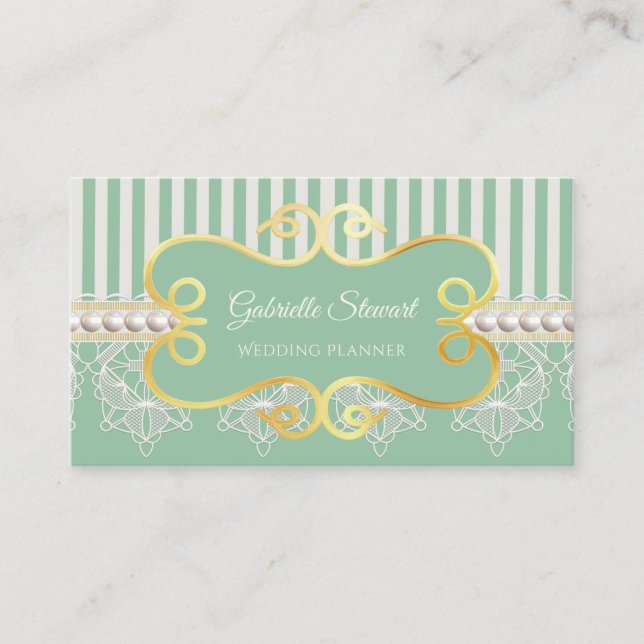 Elegant Pearl and Lace Soft Green Wedding Planner Business Card (Front)
