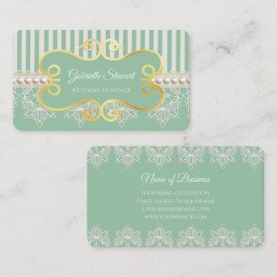 Elegant Pearl and Lace Soft Green Wedding Planner Business Card