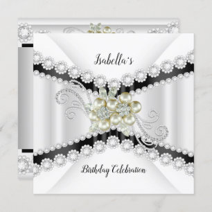 Elegant Pearl Black White Diamond Birthday Party Invitation