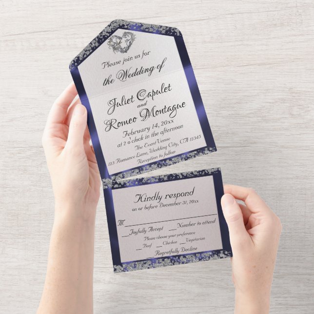 Elegant Pearl, Blue Ribbon & Glitter Borders All In One Invitation (Tearaway)