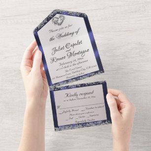 Elegant Pearl, Blue Ribbon & Glitter Borders All In One Invitation