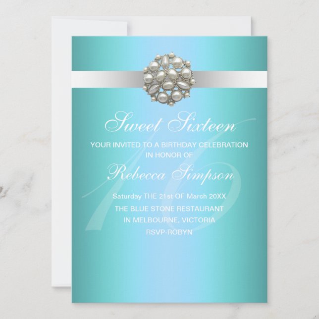 Elegant Pearl Blue Sweet 16 Birthday Invitation (Front)