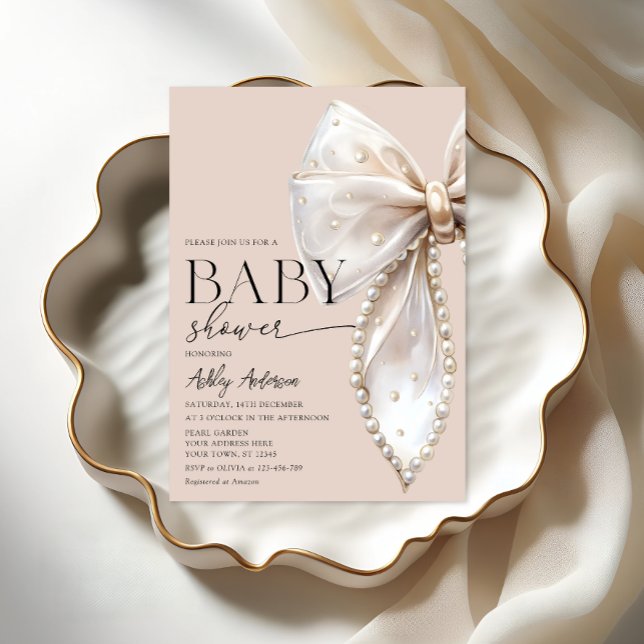 Elegant Pearl Bow Beige Neutral Baby Shower Invitation (Creator Uploaded)