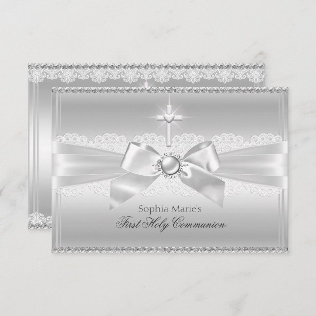 Elegant Pearl Bow & Cross First Holy Communion Invitation (Front/Back)