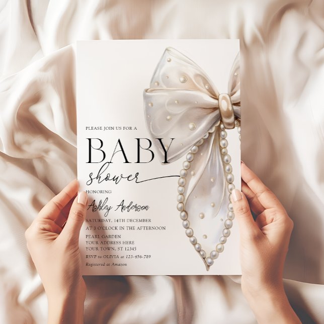 Elegant Pearl Bow Girl Baby Shower Invitation (Creator Uploaded)