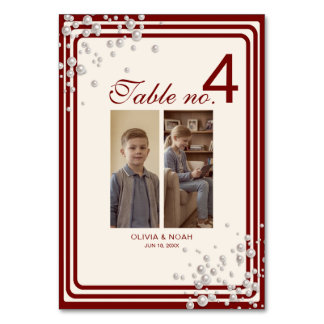 Elegant Pearl Burgundy Childhood Photo Wedding Table Number