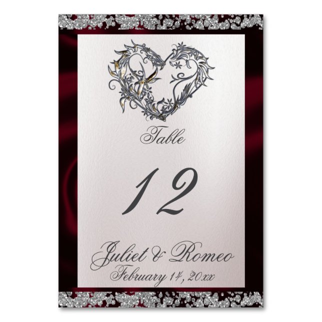 Elegant Pearl, Burgundy Ribbon & Sparkle Table Number (Front)