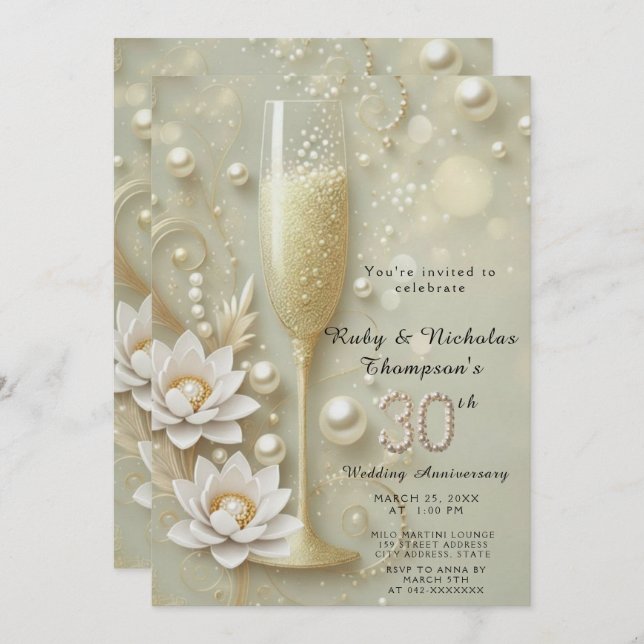 Elegant Pearl & Champagne Glass 30th Wedding Anniv Invitation (Front/Back)