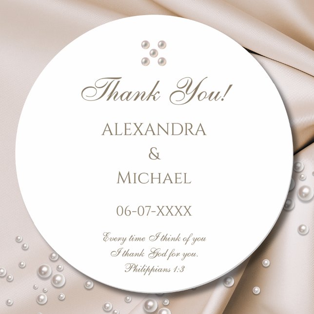 Elegant Pearl Christian Wedding Thank You Classic Round Sticker (Creator Uploaded)
