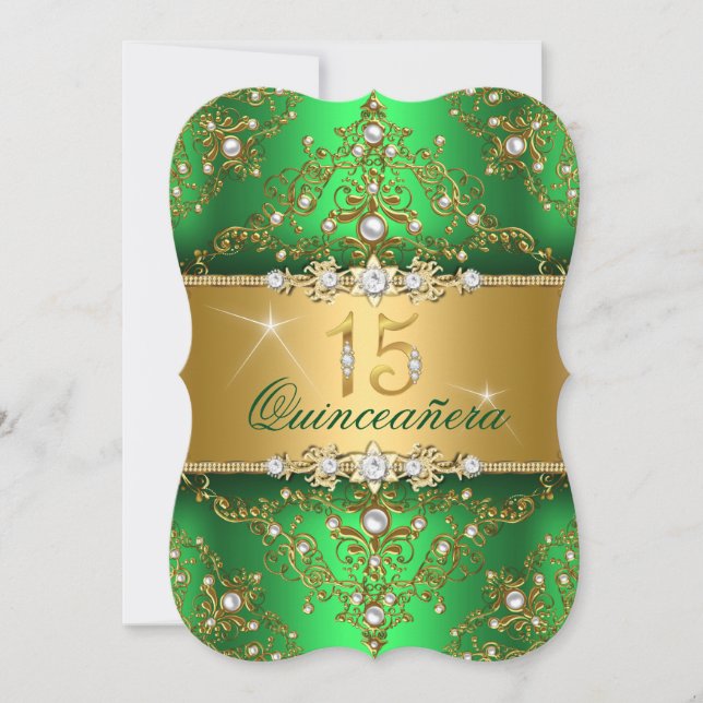 Elegant Pearl Damask Green Quinceanera Invitation (Front)