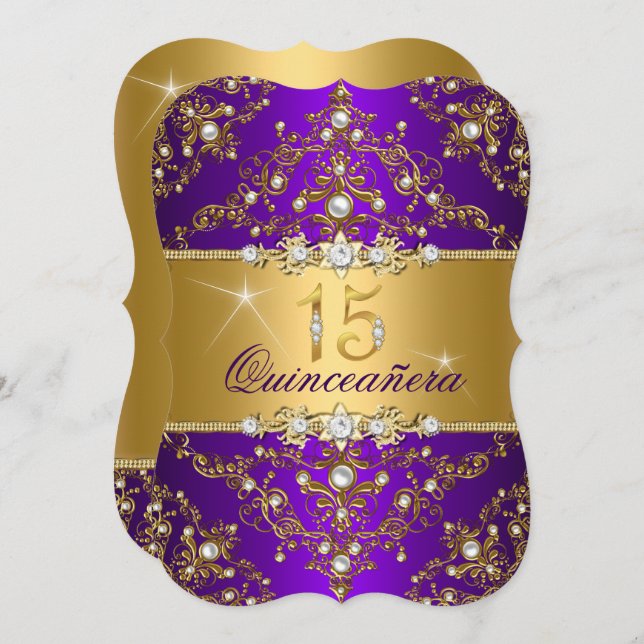 Elegant Pearl Damask Purple Quinceanera Invitation (Front/Back)