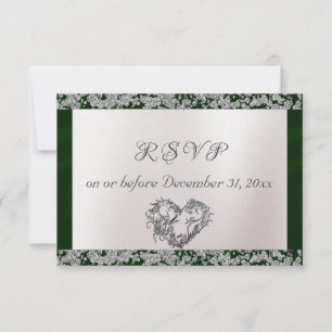 Elegant Pearl, Emerald Ribbon & Sparkle RSVP Card