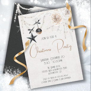 Elegant Pearl Floral Black & White Christmas Party Invitation