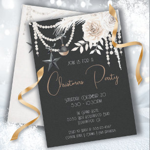 Elegant Pearl Floral Black & White Christmas Party Invitation