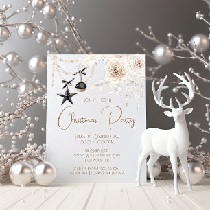 Elegant Pearl Floral Black & White Christmas Party Invitation