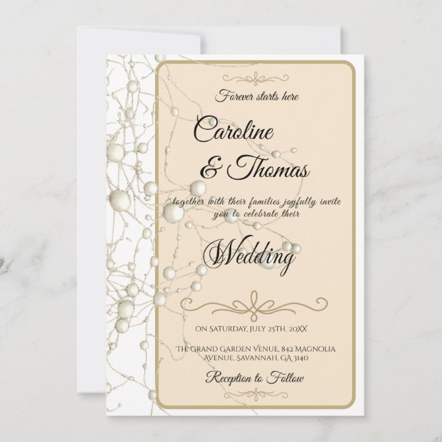 Elegant Pearl Gold Script Wedding Romantic Pearls Invitation (Front)