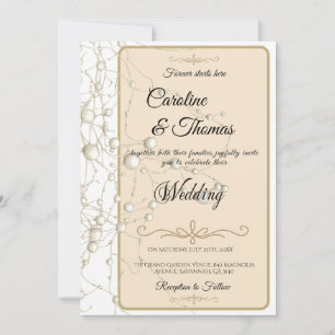 Elegant Pearl Gold Script Wedding Romantic Pearls Invitation