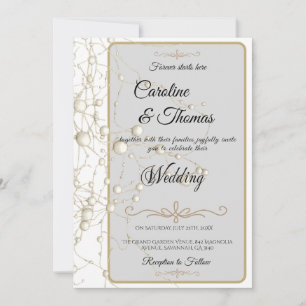 Elegant Pearl Gold Script Wedding Romantic Pearls Invitation