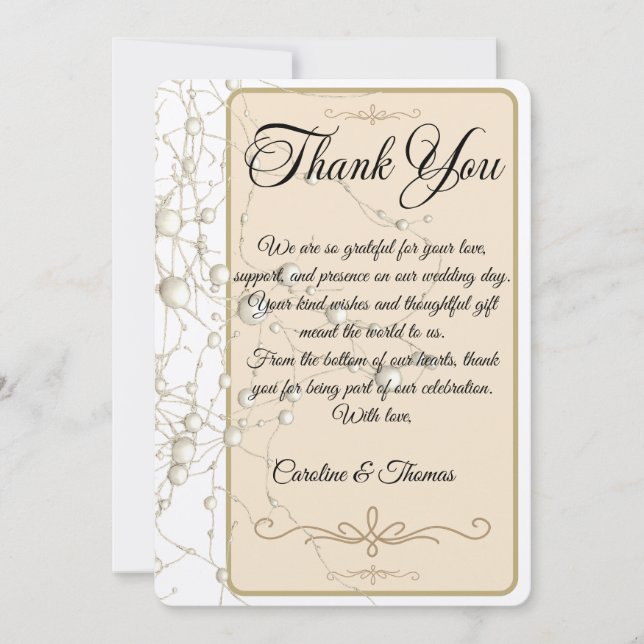 Elegant Pearl Gold Script Wedding Romantic Pearls Thank You Card (Front)