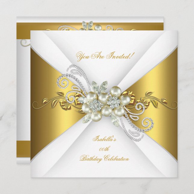 Elegant Pearl Gold Silver Diamond Birthday Party A Invitation (Front/Back)