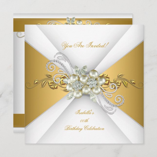 Elegant Pearl Gold Silver Diamond Birthday Party B Invitation (Front/Back)
