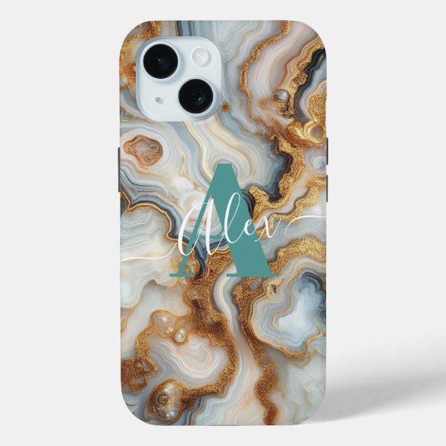 Elegant Pearl Golden Agate Custom Monogram Case-Mate iPhone Case (Back)