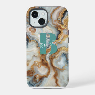 Elegant Pearl Golden Agate Custom Monogram iPhone 15 Case