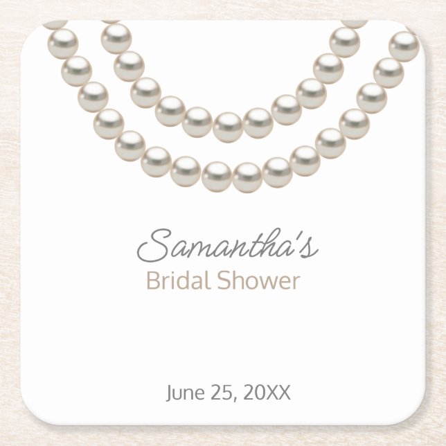 Elegant Pearl neclace Bridal Shower Square Paper Coaster (Front)