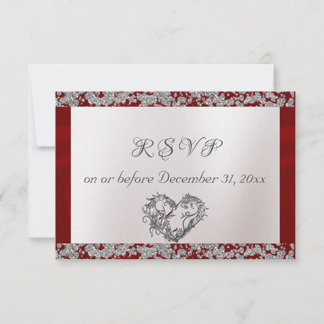 Elegant Pearl, Red Ribbon & Sparkle RSVP Card (Front)