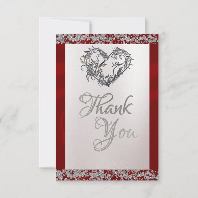 Elegant Pearl, Red Ribbon & Sparkle Thank You Card (Front)
