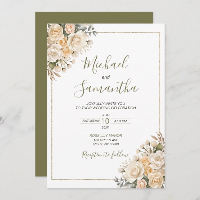 Elegant Pearl White and Ivory Rose Wedding  Invitation (Front/Back)