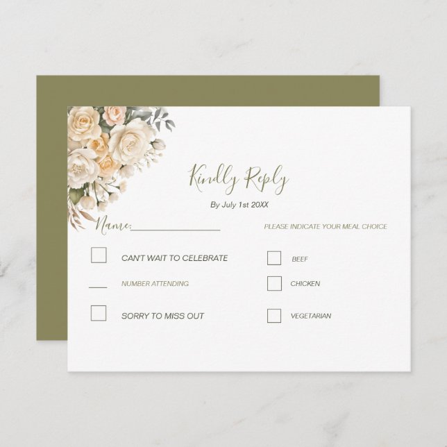 Elegant Pearl White and Ivory Rose Wedding  RSVP Card (Front/Back)