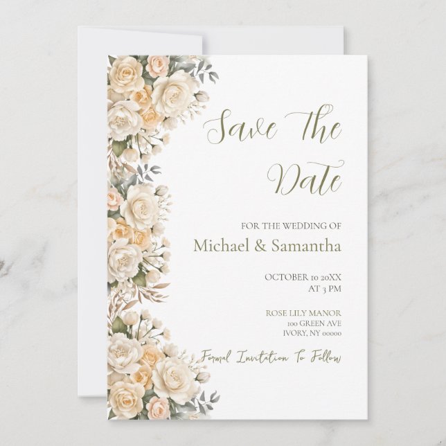 Elegant Pearl White and Ivory Rose Wedding  Save The Date (Front)
