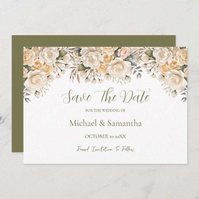 Elegant Pearl White and Ivory Rose Wedding  Save The Date (Front/Back)