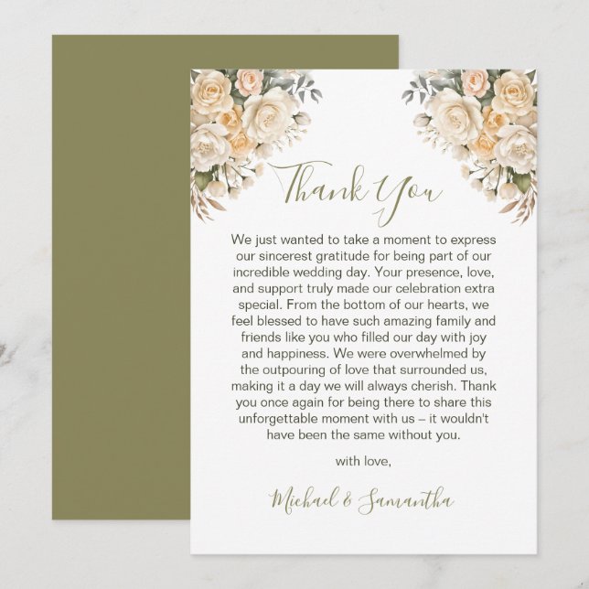 Elegant Pearl White and Ivory Rose Wedding  Thank You Card (Front/Back)