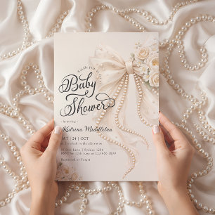 Elegant Pearl White Bow Floral Baby Shower Invitation