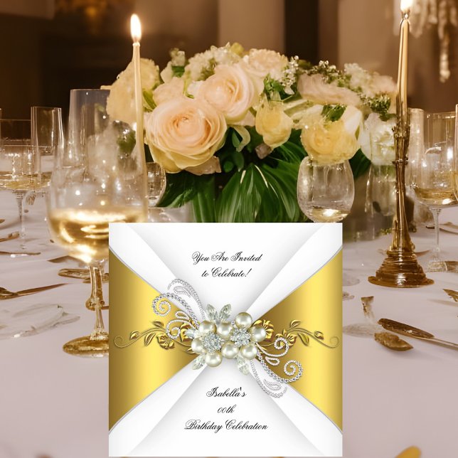 Elegant Pearl Yellow Gold Silver Diamond Birthday Invitation (Creator Uploaded)
