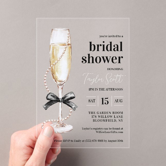 Elegant Pearls and Prosecco Acrylic Invitations (Insitu (Handheld))