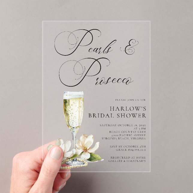 Elegant Pearls and Prosecco Bridal Shower  Acrylic Invitations (Insitu (Handheld))